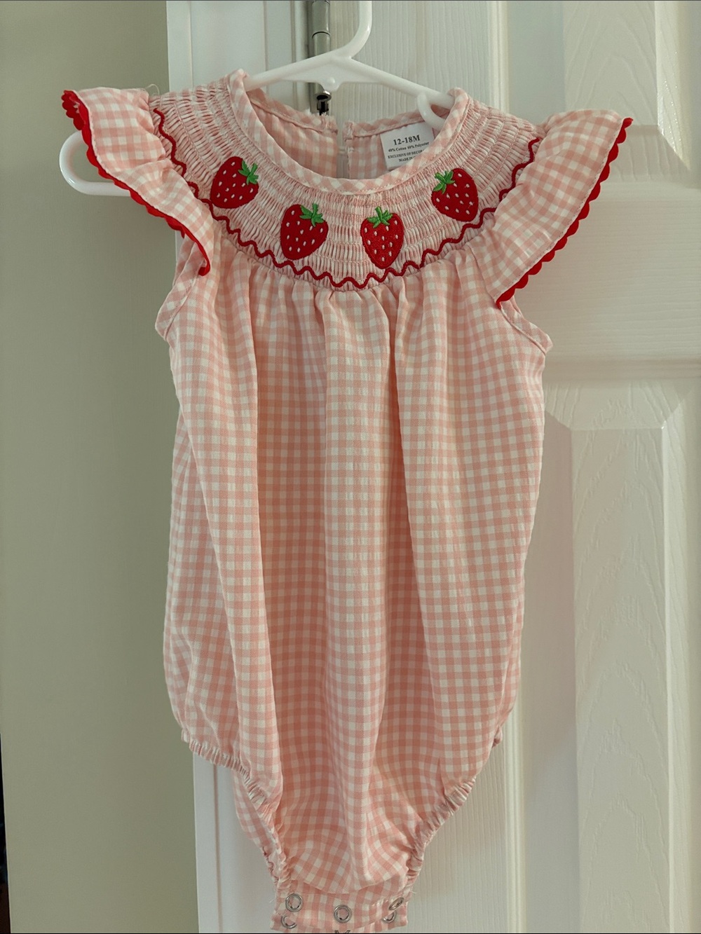 Pink Gingham Strawberry Smocked Baby Bubble.